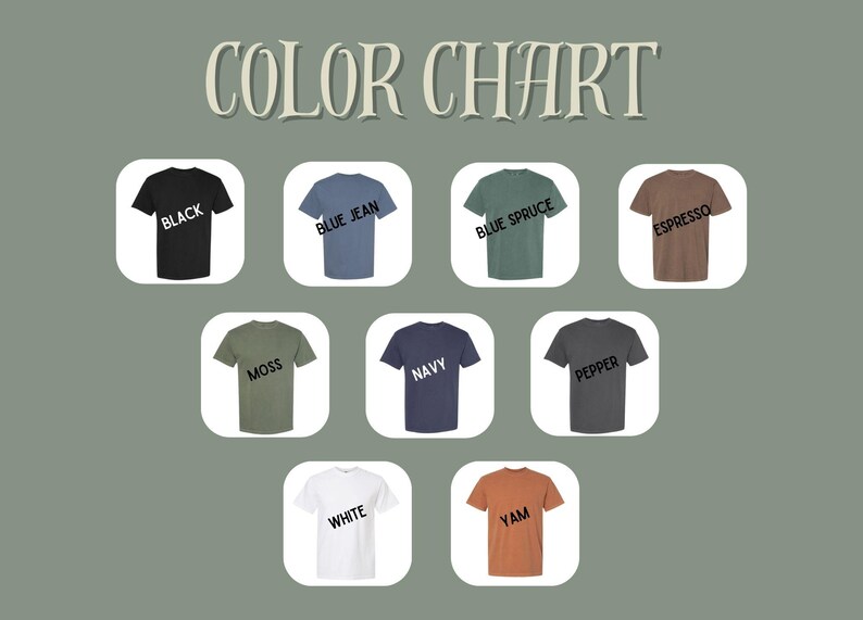 Op de afbeelding: Kleurenkaart met negen T-shirts in verschillende kleuren: zwart, blauwe spijkerbroek, blauwe spar, espresso, mos, marine, peper, wit en yam. De tekst "COLOR CHART" staat bovenaan.