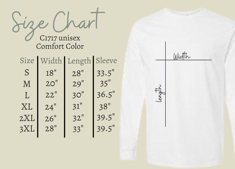 Op de afbeelding: Een wit shirt met lange mouwen met een maattabel. De tabel toont maten S tot 3XL, met bijbehorende afmetingen voor breedte, lengte en mouwlengte in inches. De afmetingen van het shirt worden aangegeven met lijnen.