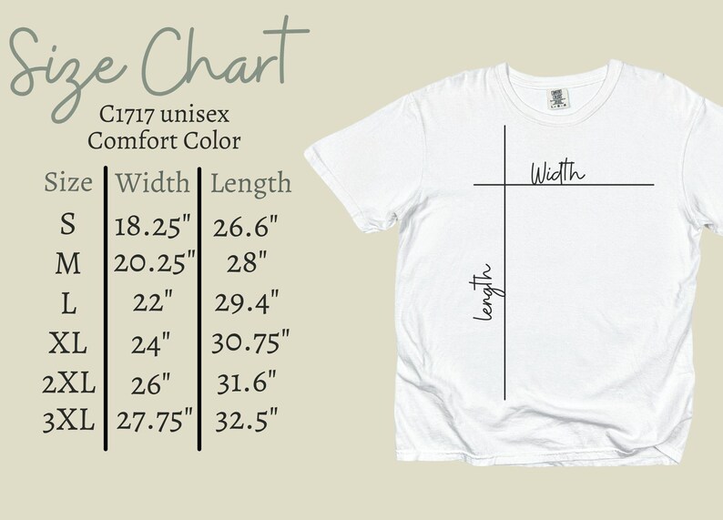 Op de afbeelding: Een wit t-shirt met een maattabel, inclusief afmetingen in inches voor breedte en lengte. De tabel geeft de maten S t/m 3XL weer, met breedtes vari&euml;rend van 46,36 cm tot 70,49 cm en lengtes van 67,56 cm tot 82,55 cm.