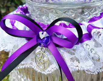 Purple Pentacle Wiccan Wedding Garter for Handfasting or Medieval Wedding/ Elven Wedding Bridal Garter for Fantasy Wedding or Viking Wedding