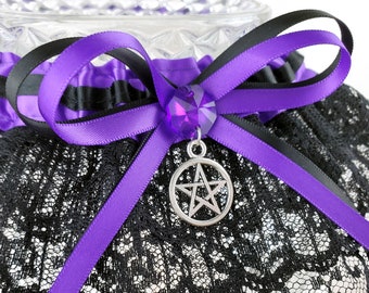 Purple Pentacle Wedding Garter Set for Handfasting or Halloween Wedding or Wiccan Wedding/ Elven or Pagan Bridal Garter Set