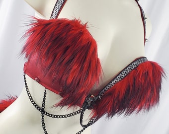 Red Hot Warrior Festival Bra-Red Faux Fur Fantasy Bra for Barbarian Cosplay, Belly Dance, Rave Wear, LARP and More