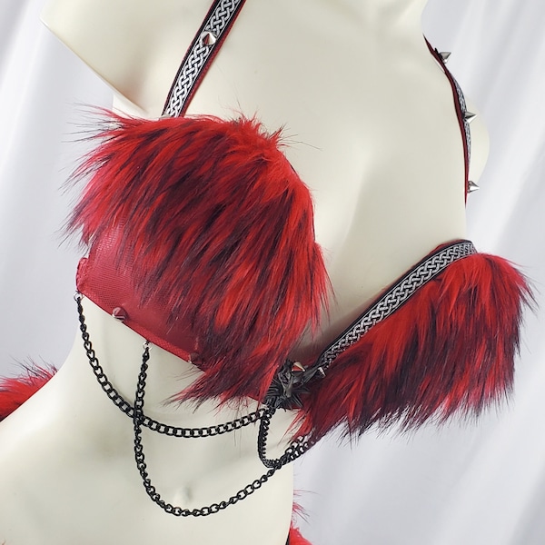 Red Hot Warrior Festival Bra-Red Faux Fur Fantasy Bra for Barbarian Cosplay, Belly Dance, Rave Wear, LARP and More