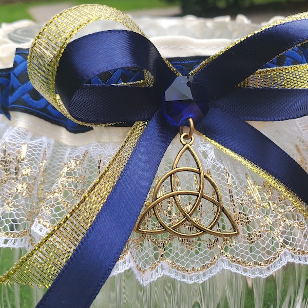 Royal Wedding Garter - Blue & Gold Celtic Knot Triquetra for Medieval Wedding or Pagan Handfasting/ Fairytale Bridal Garter