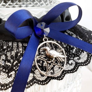 Morrigan Gothic Wedding Garter in Navy Blue with Raven/Crow Pentacle - Perfect for Handfasting, Wiccan, Medieval, or Halloween Weddings