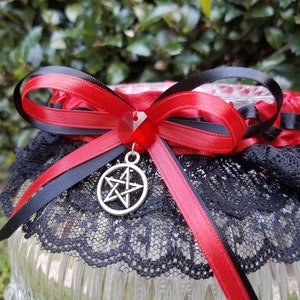 Handfasting- Red & Black Wedding Garter with Pentacle for Halloween Wedding, Gothic Wedding, Wiccan Wedding for the Bride to Be