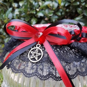 Handfasting- Red & Black Wedding Garter with Pentacle for Halloween Wedding, Gothic Wedding, Wiccan Wedding for the Bride to Be