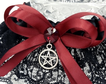 Vampire Red & Black Gothic Wedding Garter with Pentacle for Handfasting or Halloween Wedding/ Bridal Garter, Bridal Gift for Wiccan Wedding