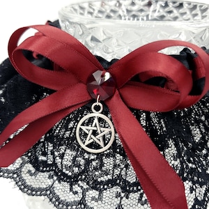 Vampire Wedding Garter in Red & Black with Pentacle for Handfasting or Gothic, Halloween Wedding, Bridal Gift for Wiccan Wedding