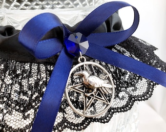 Morrigan Gothic Wedding Garter in Navy Blue with Raven/Crow Pentacle - Perfect for Handfasting, Wiccan, Medieval, or Halloween Weddings