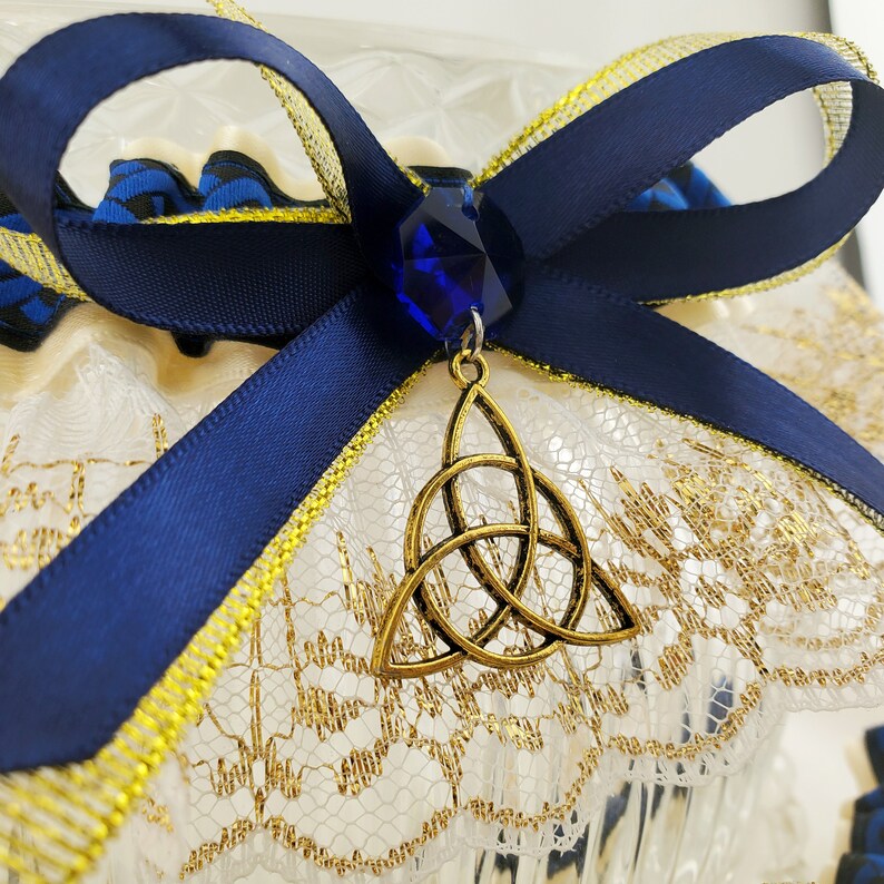 Royal Blue /& Gold Celtic Knot Triquetra Wedding Garter for Medieval Wedding or Pagan Handfasting Fairytale Bridal Garter