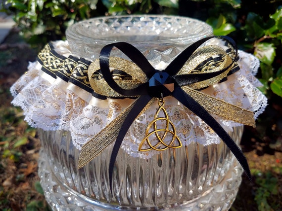 Royal Blue /& Gold Celtic Knot Triquetra Wedding Garter for Medieval Wedding or Pagan Handfasting Fairytale Bridal Garter