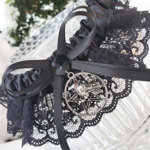 Morrigan Gothic Wedding Garter with Raven Pentacle Handfasting, Medieval or Wiccan Theme Black Garter for Halloween Wedding image 1