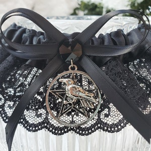 Morrigan Gothic Wedding Garter with Raven Pentacle Handfasting, Medieval or Wiccan Theme Black Garter for Halloween Wedding image 6
