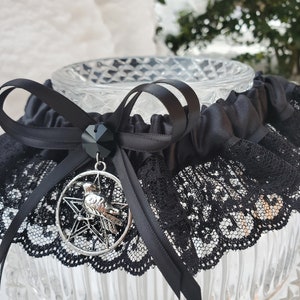 Morrigan Gothic Wedding Garter with Raven Pentacle Handfasting, Medieval or Wiccan Theme Black Garter for Halloween Wedding image 4