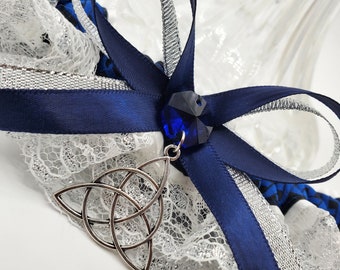 Blue and Silver Celtic Knot Triquetra Wedding Garter for Medieval Wedding or Pagan Handfasting/ Fairytale Bridal Garter