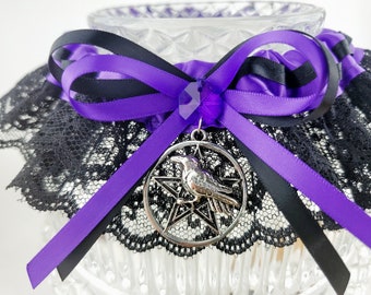 Enchanting Gothic Wedding Garter - Purple & Black Raven or Crow Pentacle for Handfasting, Wiccan Wedding, or Halloween Ceremony