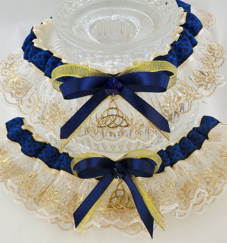 Royal Blue /& Gold Celtic Knot Triquetra Wedding Garter for Medieval Wedding or Pagan Handfasting Fairytale Bridal Garter