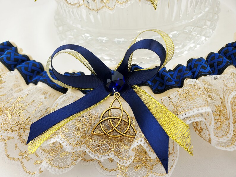 Royal Blue /& Gold Celtic Knot Triquetra Wedding Garter for Medieval Wedding or Pagan Handfasting Fairytale Bridal Garter