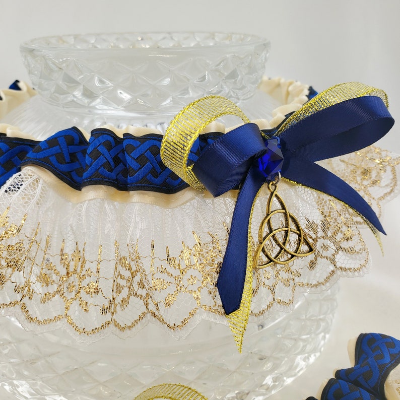 Royal Blue /& Gold Celtic Knot Triquetra Wedding Garter for Medieval Wedding or Pagan Handfasting Fairytale Bridal Garter
