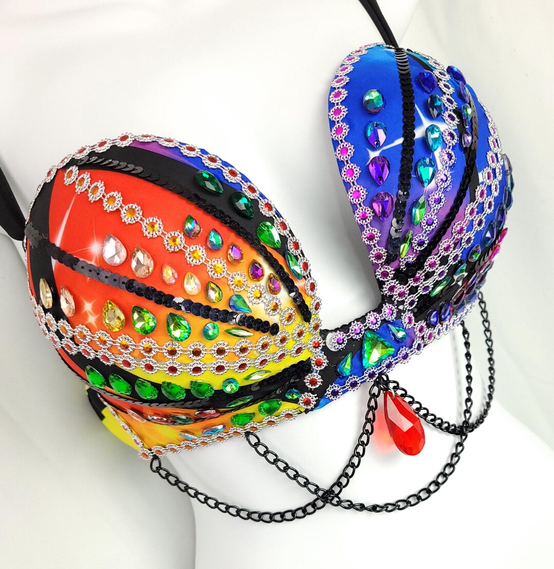 Rainbow Butterfly Rave Bra Top, Rhinestone Festival Costume, EDM ...