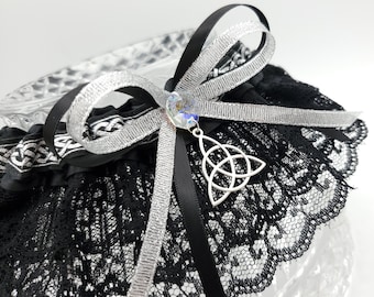 Silver & Black Celtic Knot Triquetra Wedding Garter for Medieval Wedding or Pagan Handfasting/ Fairytale Bridal Garter