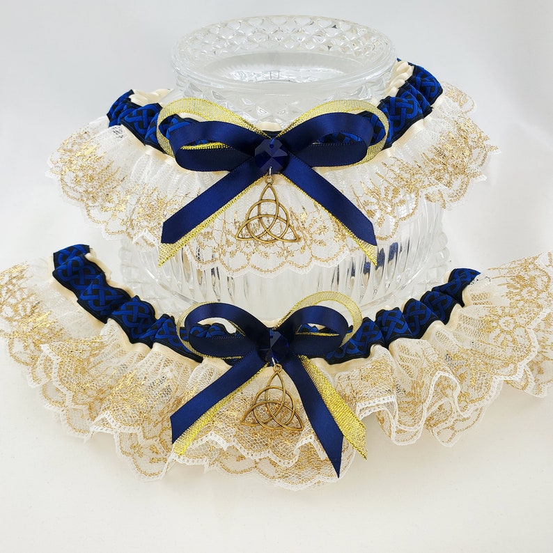 Royal Blue /& Gold Celtic Knot Triquetra Wedding Garter for Medieval Wedding or Pagan Handfasting Fairytale Bridal Garter