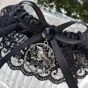 Morrigan Gothic Wedding Garter with Raven Pentacle Handfasting, Medieval or Wiccan Theme Black Garter for Halloween Wedding image 3