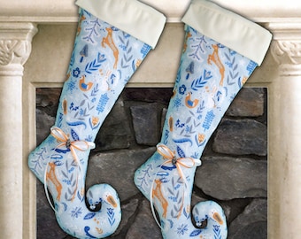 One Blue & Orange  Winter Yule Stocking with Deer and birds, Woodland Magic Elf Christmas Stocking, Kitchen Christmas Decor- Cozy and Rustic