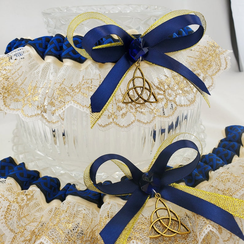 Royal Blue /& Gold Celtic Knot Triquetra Wedding Garter for Medieval Wedding or Pagan Handfasting Fairytale Bridal Garter