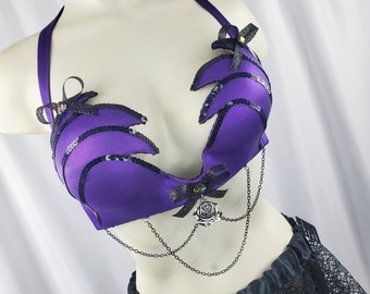 Midnight Roses Festival Bra, Gothic Dina Bra for Clubwear, Rave, Tribal Belly dance, Cosplay, Burlesque & Renaissance Faires