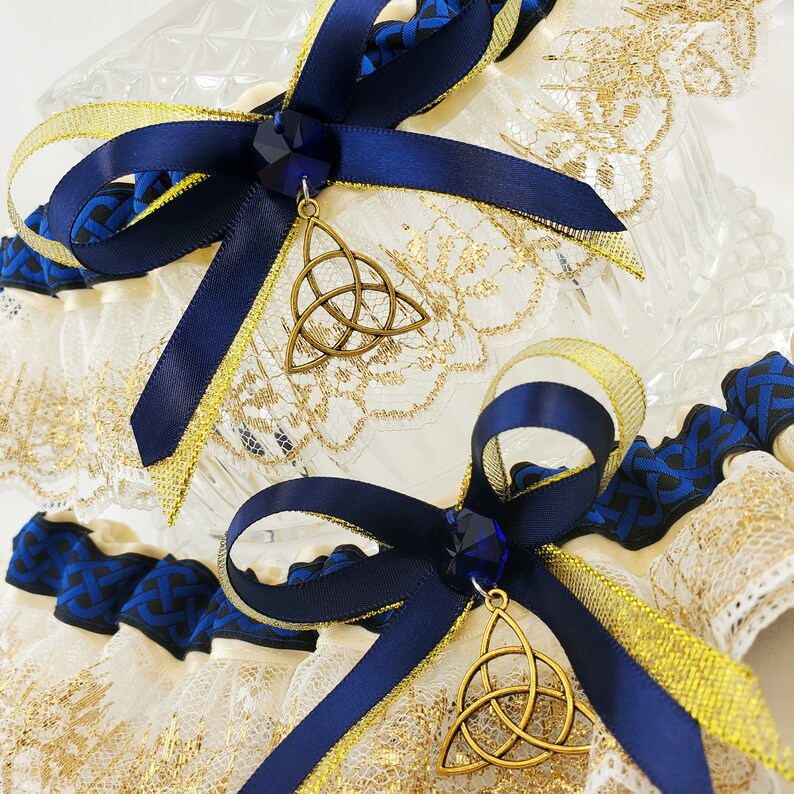 Royal Blue /& Gold Celtic Knot Triquetra Wedding Garter for Medieval Wedding or Pagan Handfasting Fairytale Bridal Garter