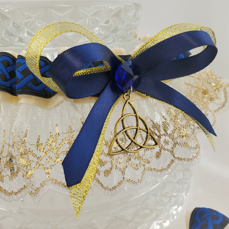 Royal Blue /& Gold Celtic Knot Triquetra Wedding Garter for Medieval Wedding or Pagan Handfasting Fairytale Bridal Garter