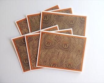Peacock feather note card set, feather print card, brown animal print card