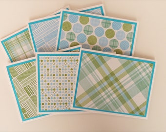 Geometric note card set, green blue card, plaid card, dot note card