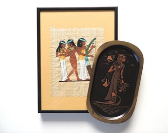 Egyptian wall hanging set, Egyptian metal wall plate, Egyptian women framed metal wall hanging