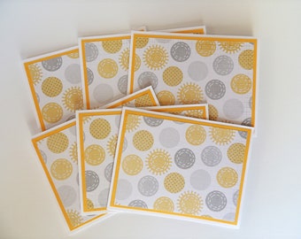 Note Card set in yellow and gray, circle print card, sunny print greeting card