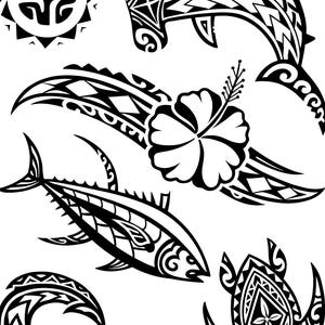 May include: Black and white tribal art depicting a sun, hammerhead shark, hibiscus flower, fish, wave, and sea turtle. The designs have detailed patterns and are suitable for various applications.