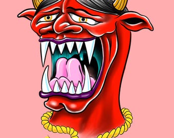 Rote Oni-Maske Kunstdruck - Japanisches Tattoo (Digitaler Download)