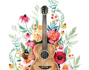 Guitar and Flowers Art - Watercolor