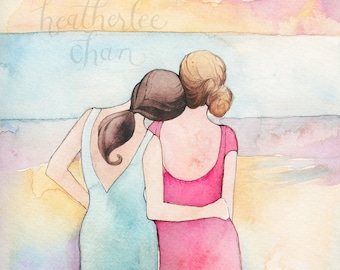 Best Friends Art - Sisters Art at the Beach - Watercolor Painting Print