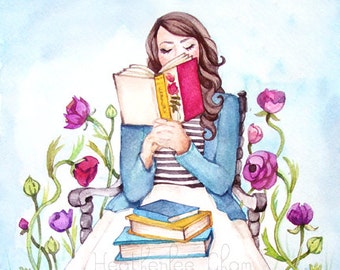 The Book Lover with Flowers - Watercolor Print