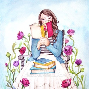 The Book Lover with Flowers - Watercolor Print