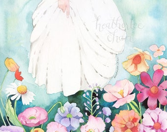 Girl Walking Through Flowers Watercolor -  Art Painting Print