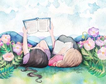 Best Friend Art - Sisters Art - Reading - Watercolor Print