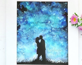 Starry Night Sky and Lovers Aquarelle - Art Painting Print