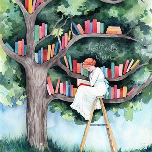 The Reader and the Tree Library Watercolor Art Print image 1