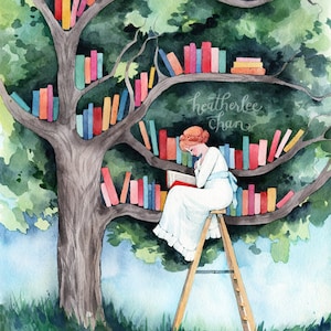 Le lecteur et la bibliothèque darbres Aquarelle Art Print image 1