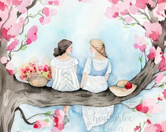 Best Friend Art - Sisters in a Cherry Blossom Tree - Watercolor Painting