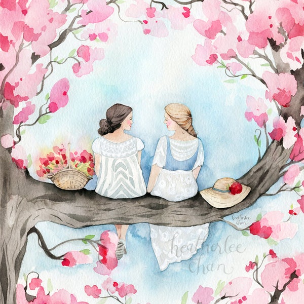 Best Friend Art - Sisters in a Cherry Blossom Tree - Watercolor Painting